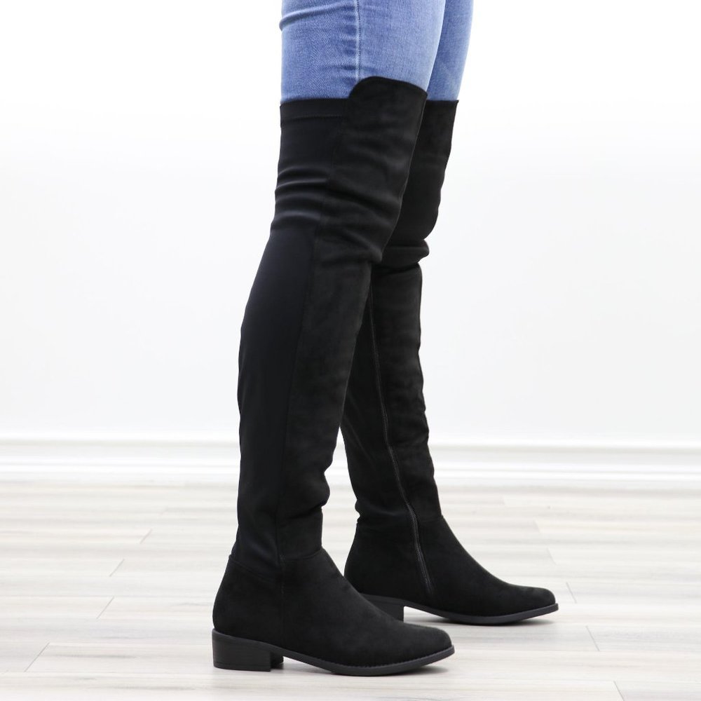 Thigh High Suede & Stretchy Material Low Heel Boot - Picture 7 of 14